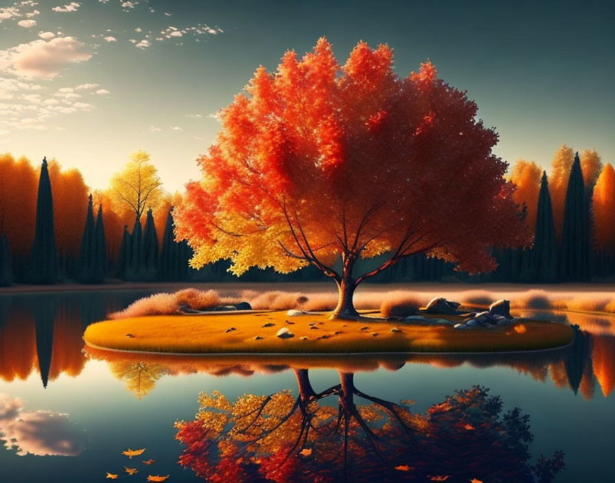 Fiery red tree on island reflected in tranquil lake