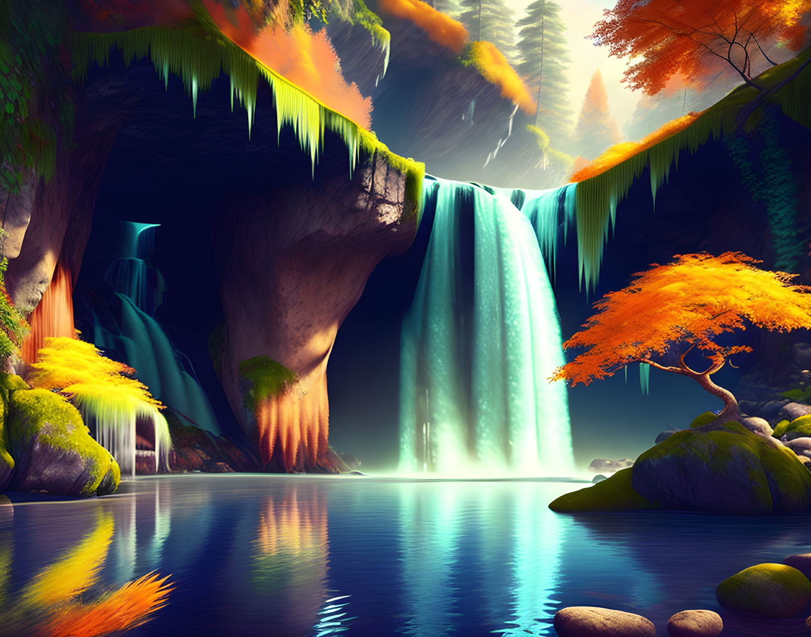 Serene lake with luminous waterfall, moss-covered rocks, vibrant foliage, and autumn tree.