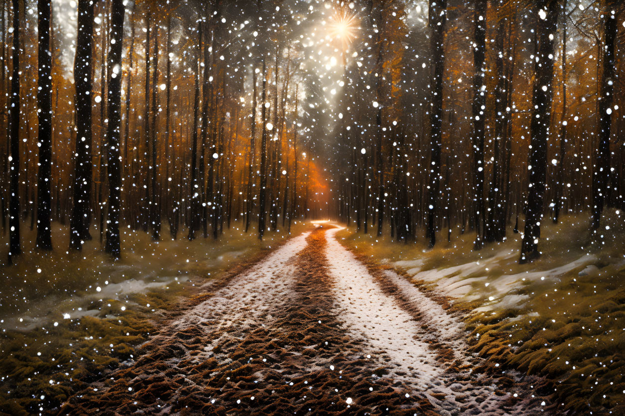 Snow-covered forest path under starry sky amid towering trees