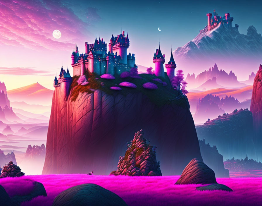 Majestic castles on steep cliffs under twilight sky