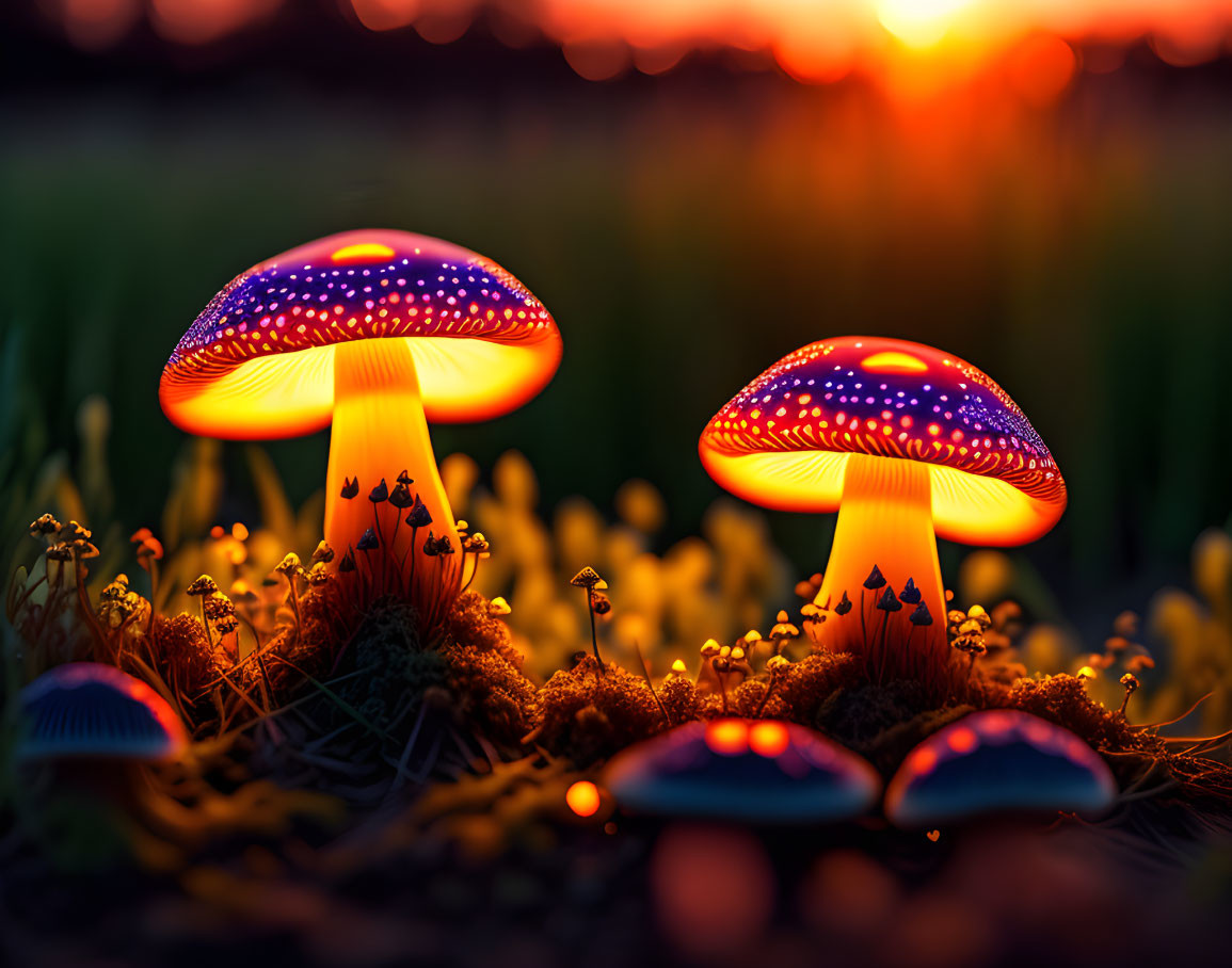 Vibrant Glowing Mushrooms Illuminate Mystical Forest Floor