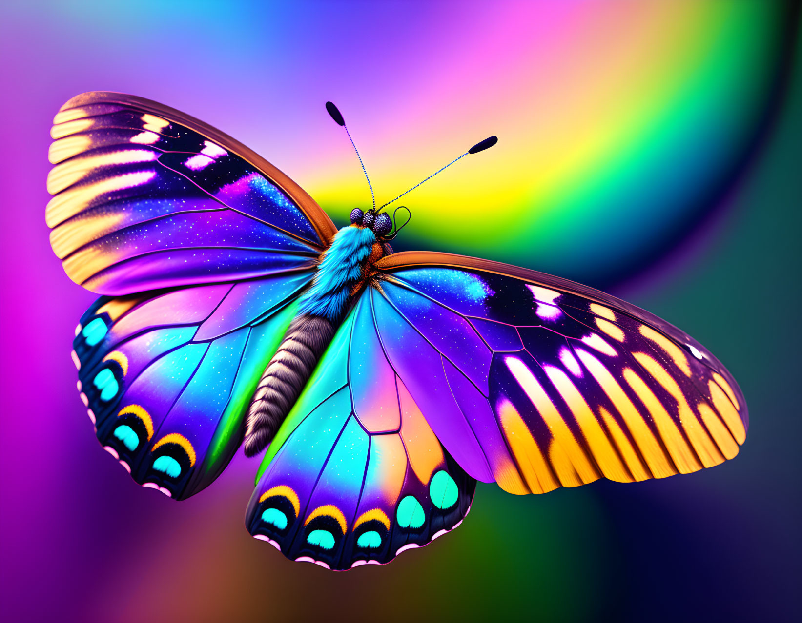 Colorful Butterfly with Intricate Patterns on Rainbow Background