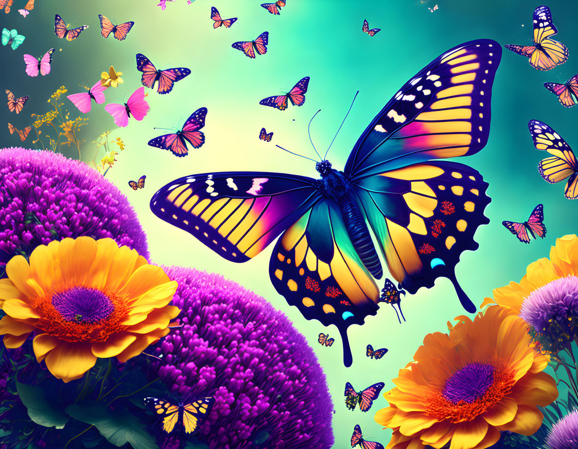 Colorful Butterfly Artwork with Flowers and Background Butterflies