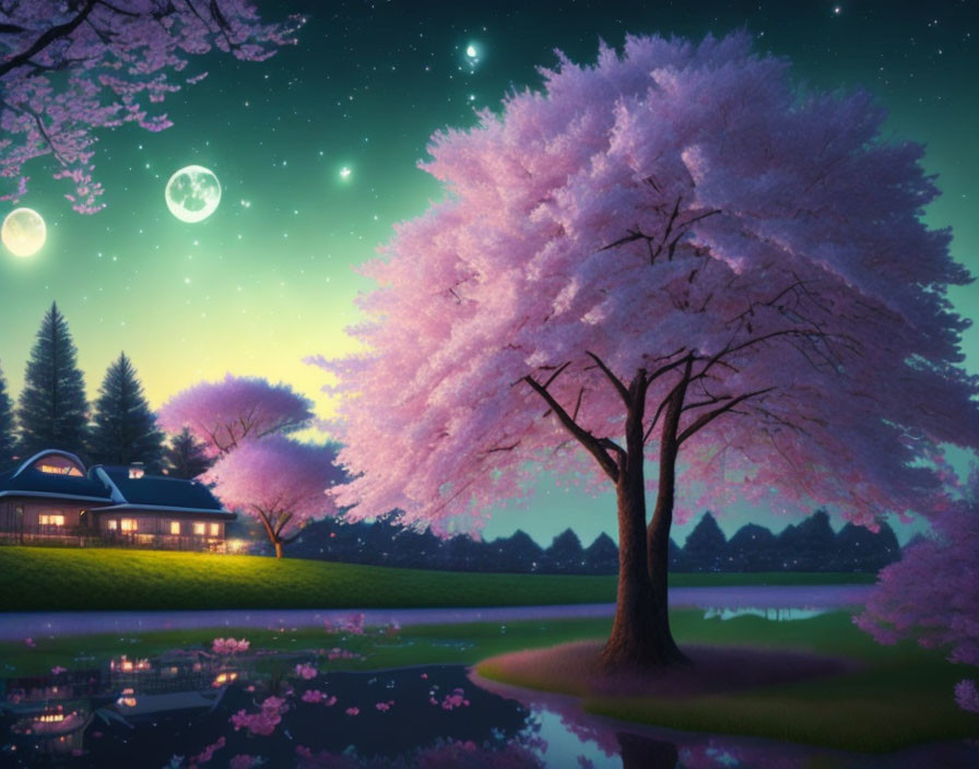 Tranquil cherry blossom night landscape with stars, planets, pond, and cozy house.