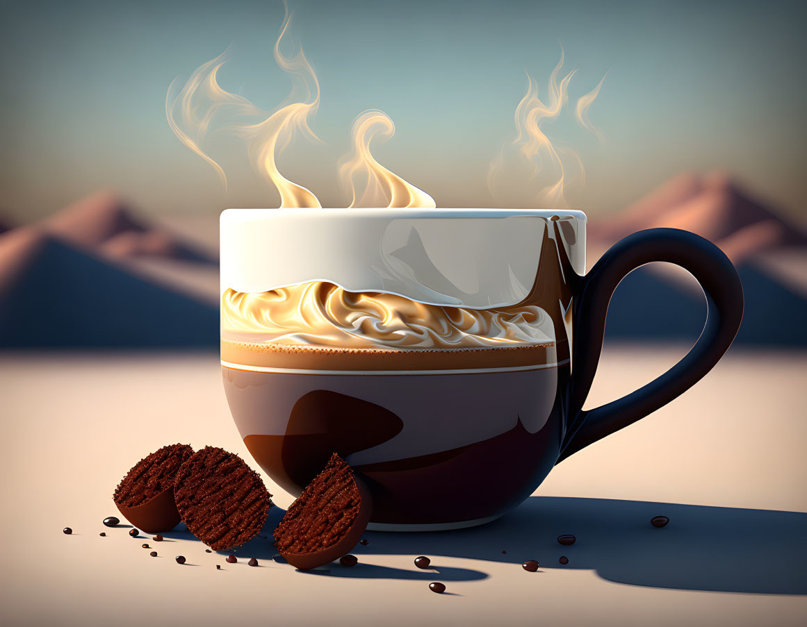 Steaming coffee cup with cookies, beans, and mountains scenery