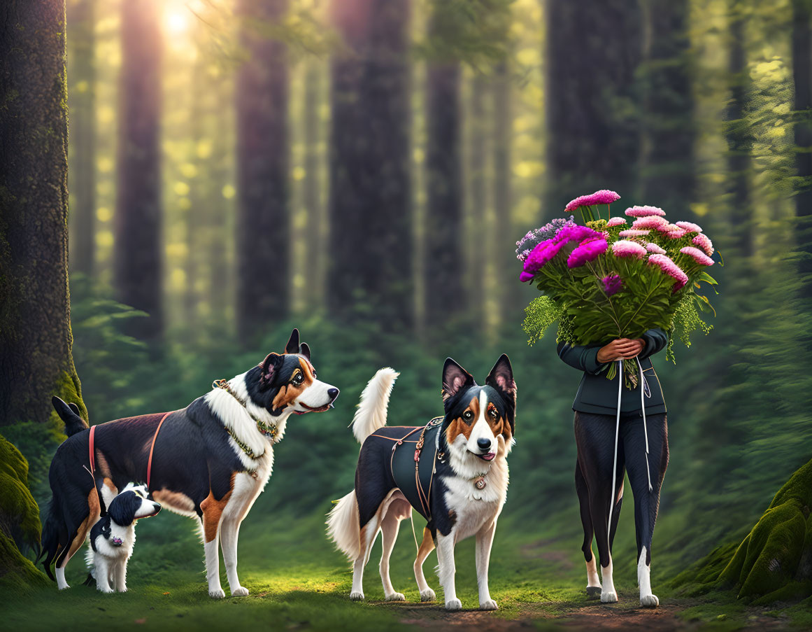 Person with pink bouquet and three dogs in sunlit forest.