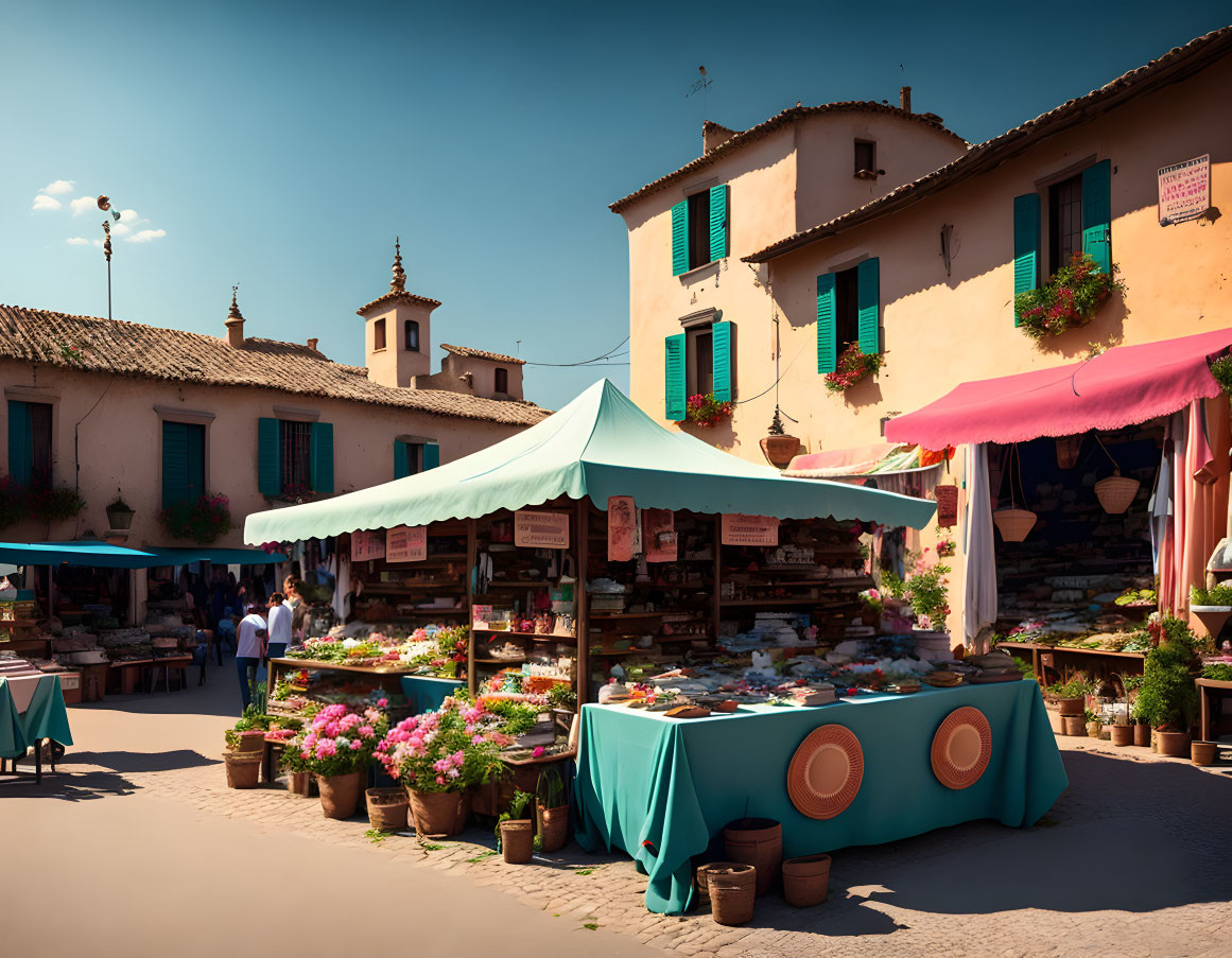 Vibrant market scene on a sunny day with flower and produce stalls in a quaint town square.