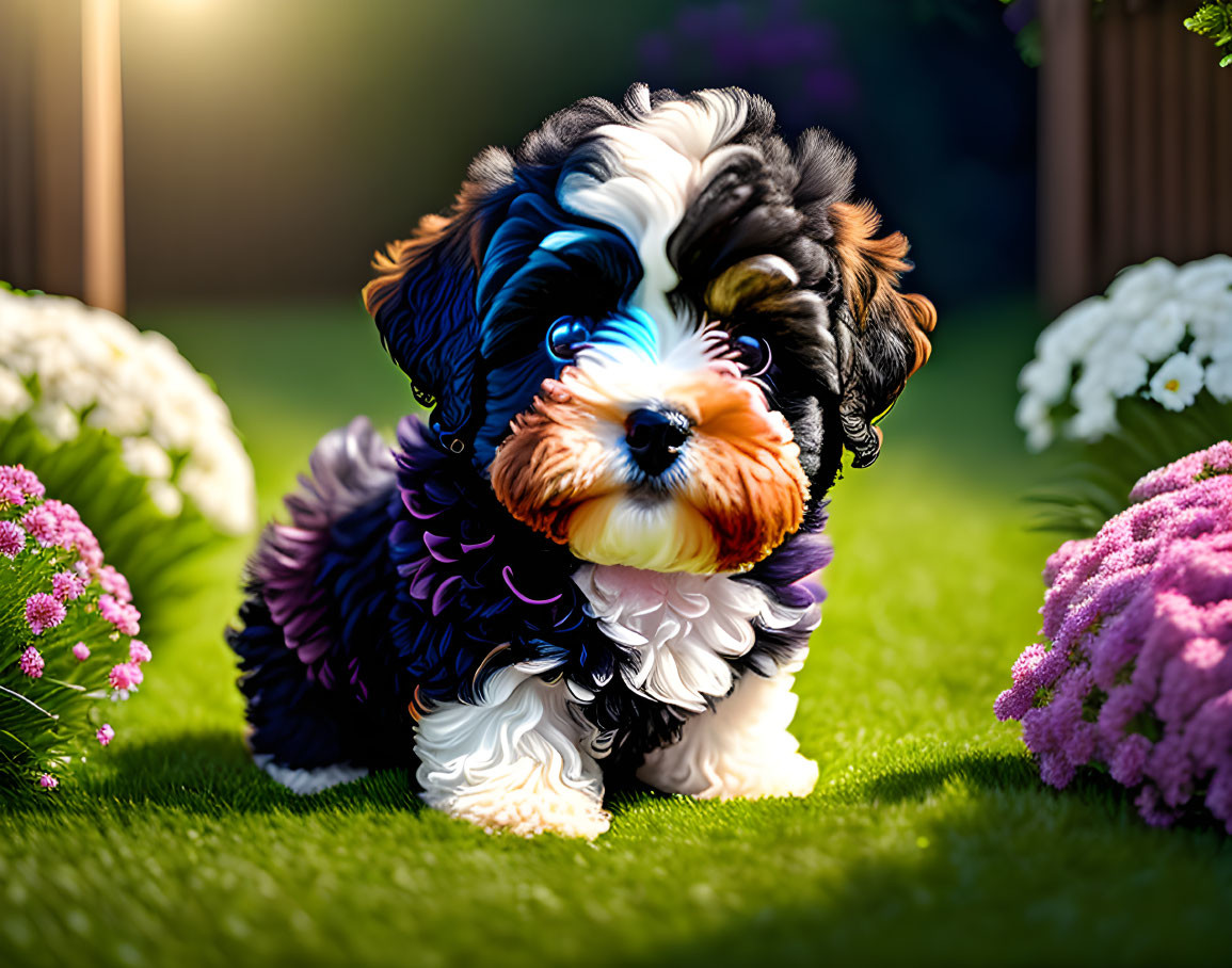 Vibrant fluffy dog surrounded by blooming flowers in garden setting