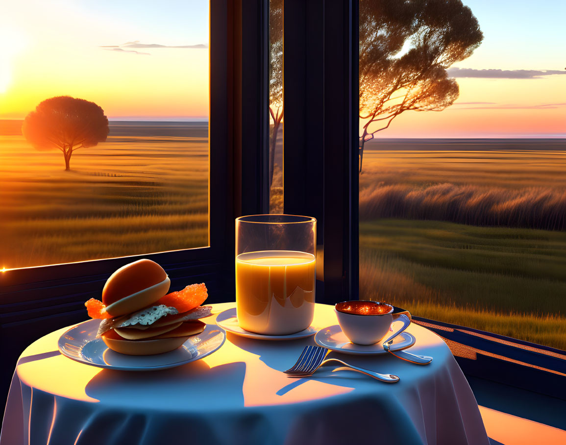 Tranquil breakfast setting with sandwich, orange juice, and coffee near window.