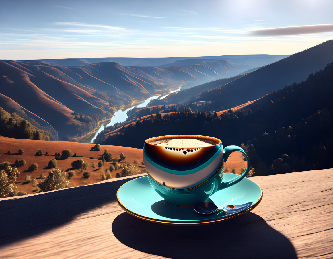 Striped coffee cup on saucer on wooden surface overlooking sunrise valley.