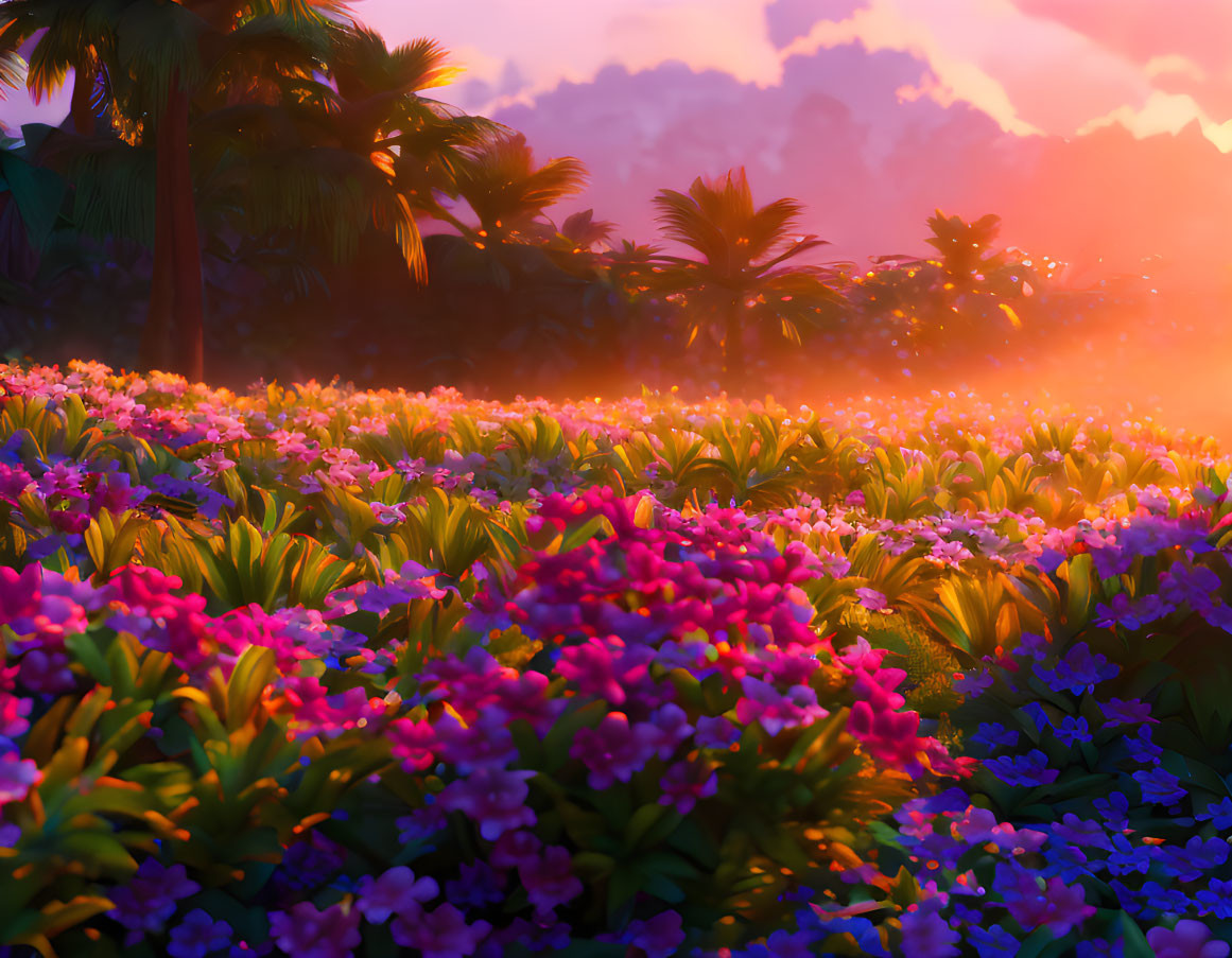 Sunset scene: Vibrant field of flowers with tropical palm trees under warm sky