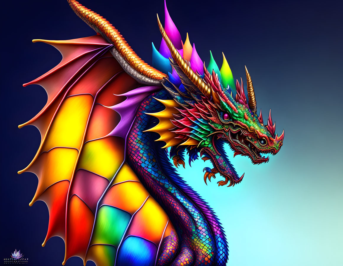 Vivid Dragon Digital Art with Iridescent Scales on Dark Blue Background