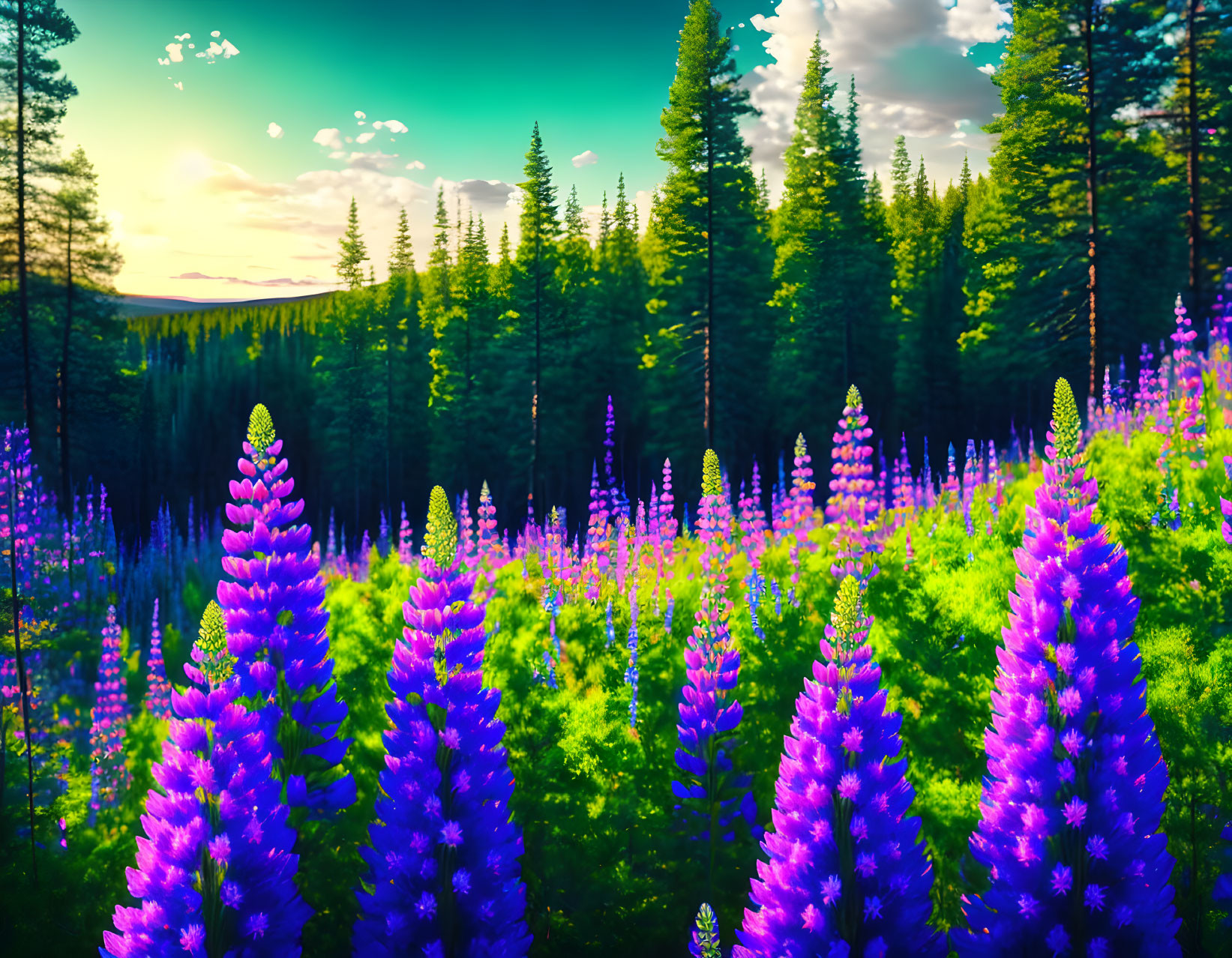 Purple Lupine Flowers in Green Pine Forest Sunset Scene