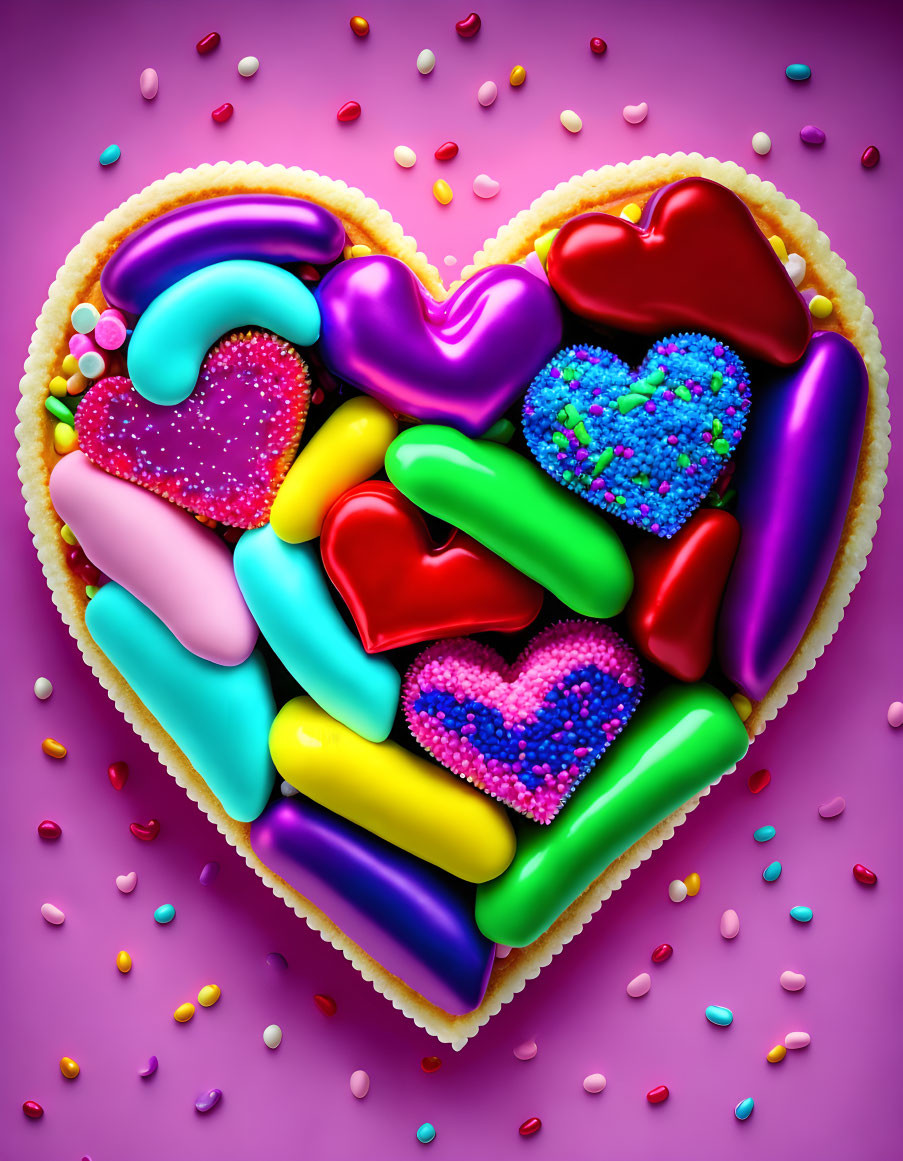 Colorful Heart-Shaped Candies and Sprinkles on Pink Background