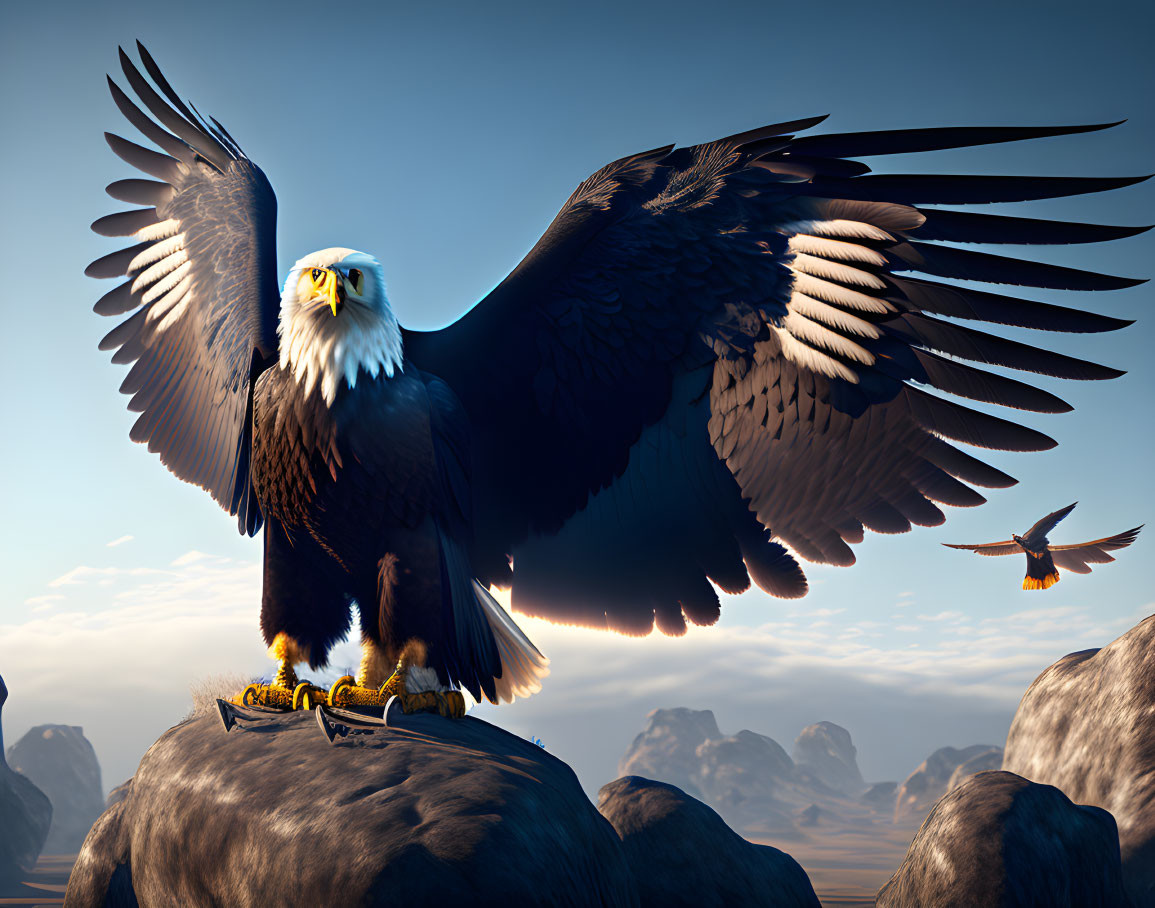 Bald Eagle Perched on Rock with Spread Wings and Mountain Background