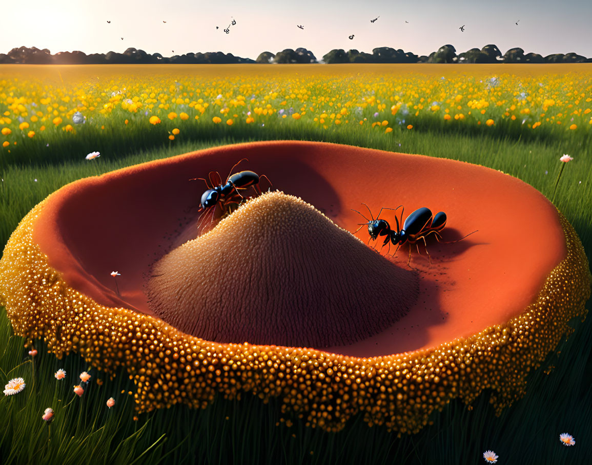 Ants on vibrant flower with central mound, field of flowers, pollen, clear sky.