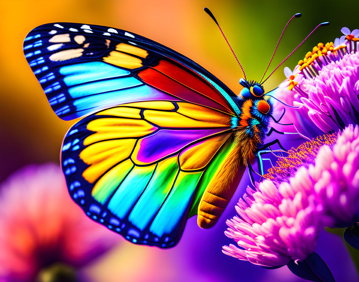 Colorful Butterfly on Pink Flowers with Blurred Background