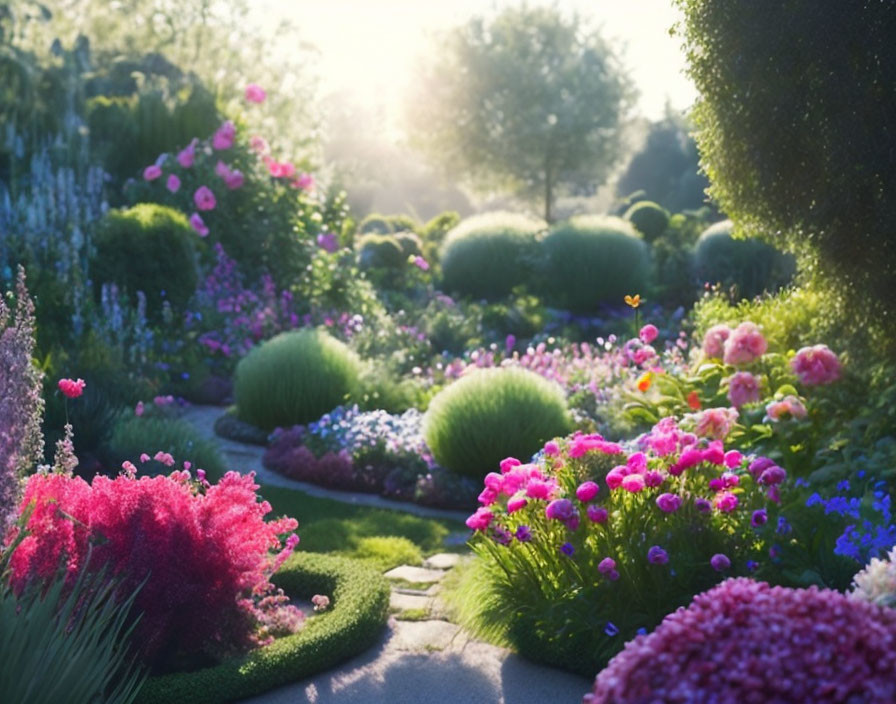 Vibrant garden with flowers and stone path in soft sunlight