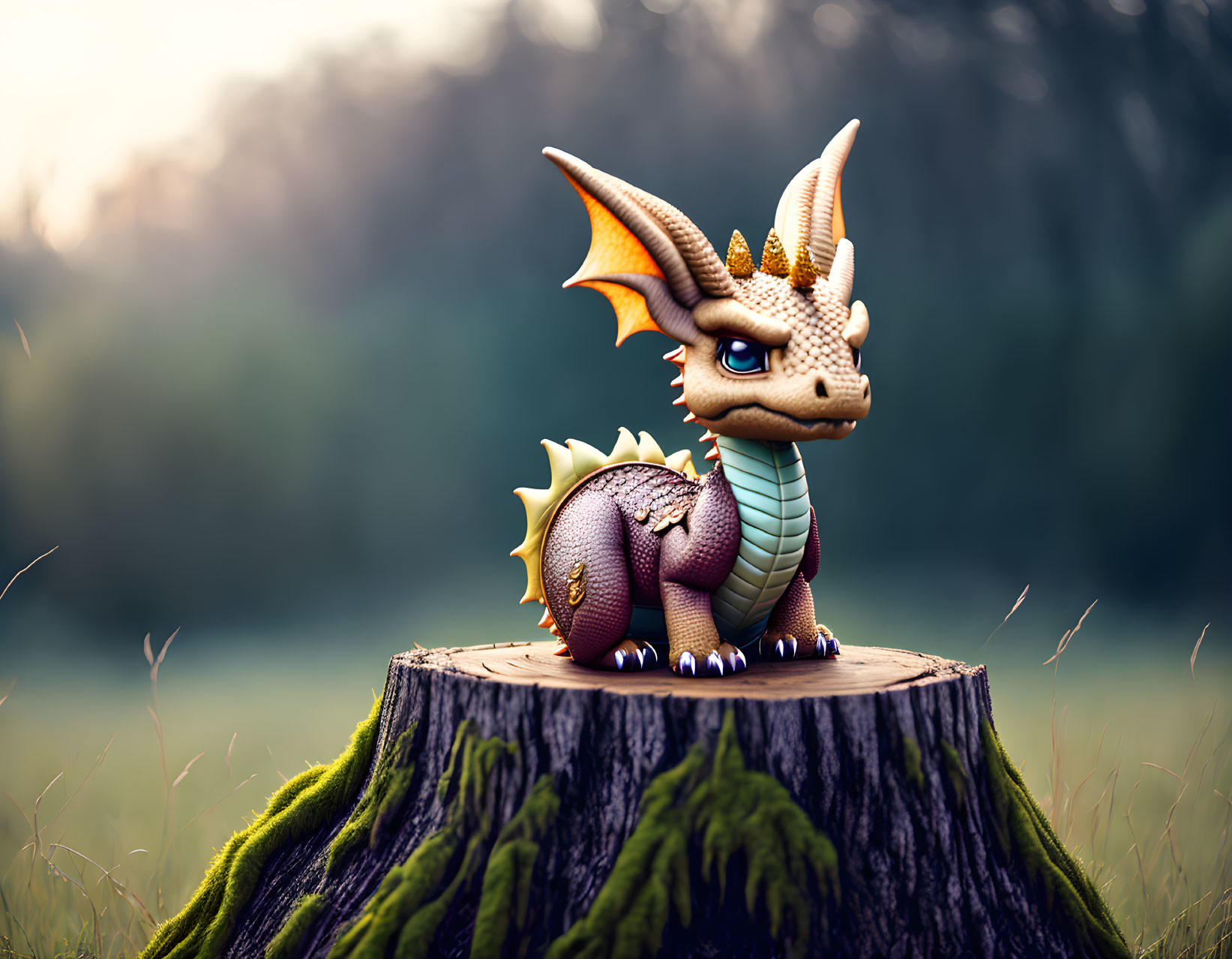 Detailed Toy Dragon Perched on Tree Stump in Forest Setting