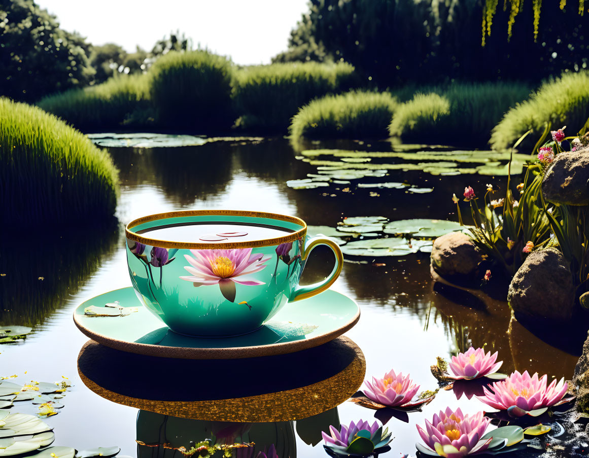 Oversized teacup floating among lily pads in tranquil pond