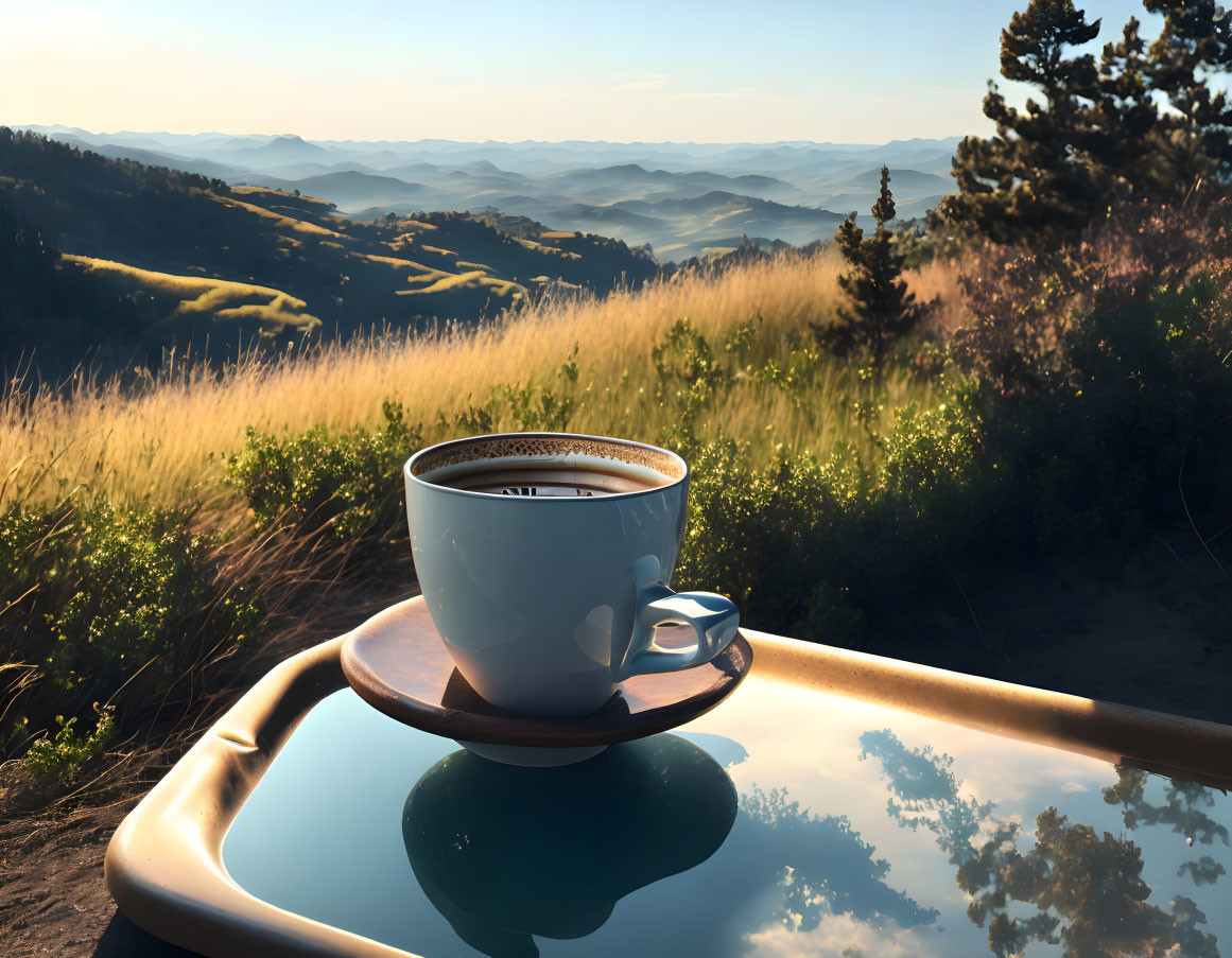 Tray with Coffee Cup on Scenic Sunlit Landscape