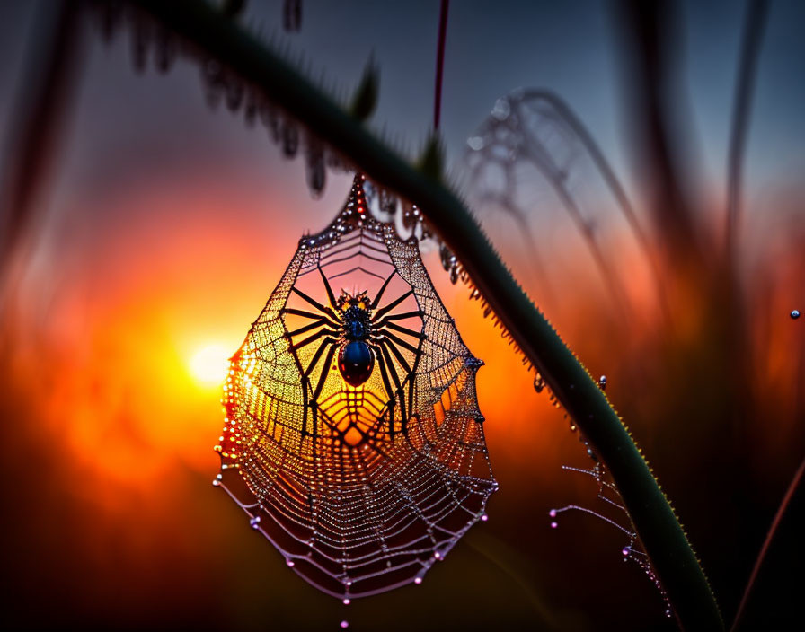 Spider on Dew-Covered Web at Sunrise