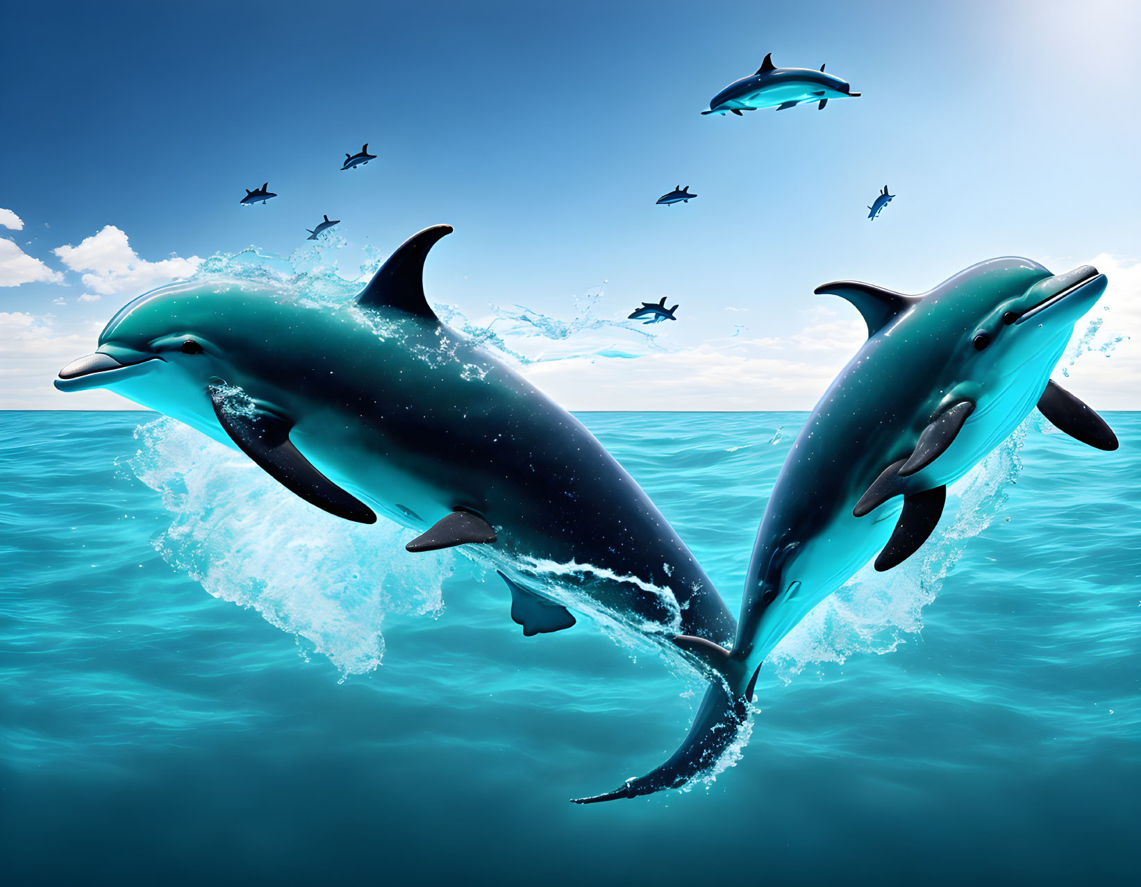 Dolphins leaping over ocean waves with blue sky and birds