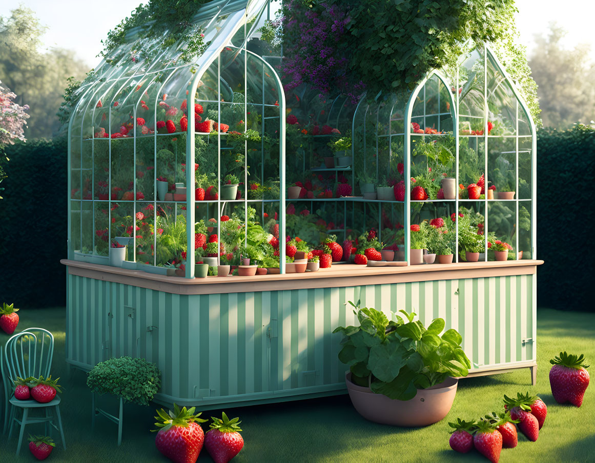 Lush strawberry plants in a quaint greenhouse under soft sunlight