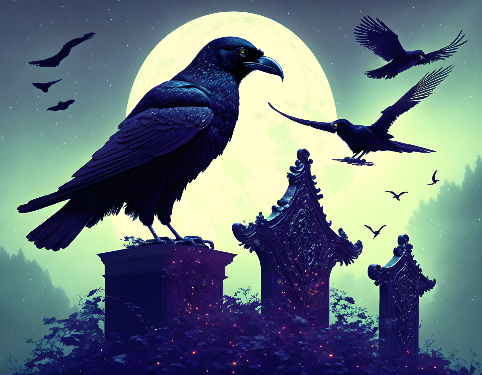 Majestic raven on gothic structures under full moon