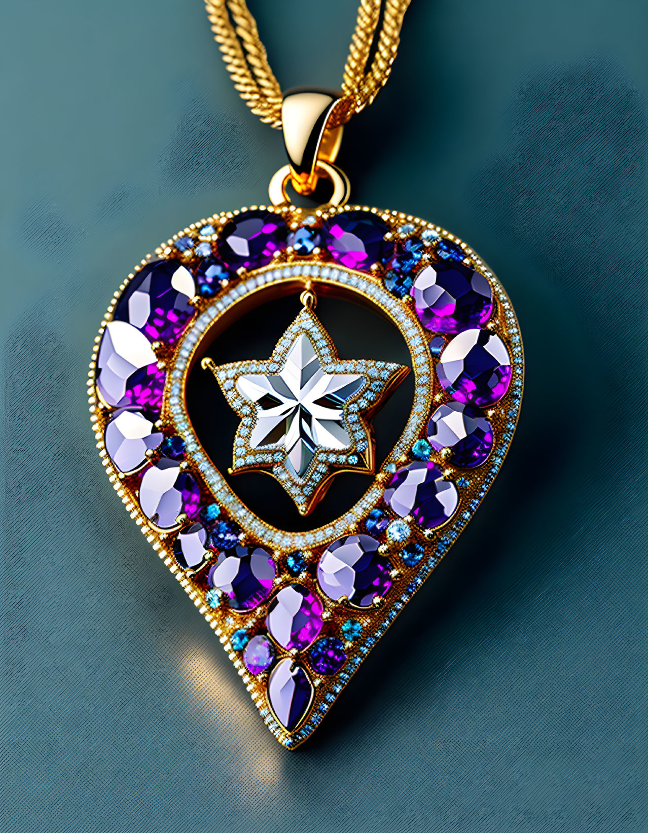 Heart-shaped Gold Pendant with Star Design & Gemstones on Blue Background