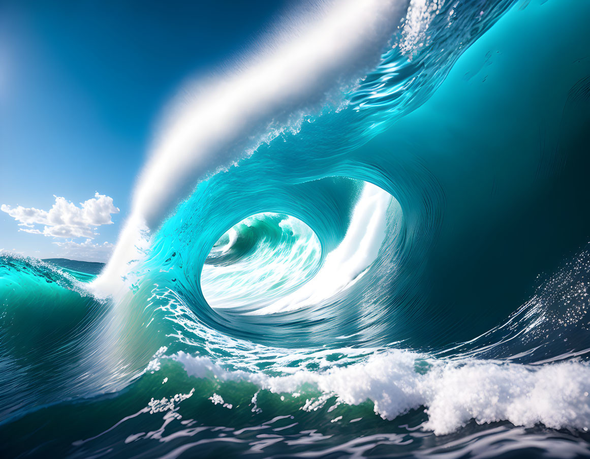 Vibrant turquoise ocean wave under clear blue sky