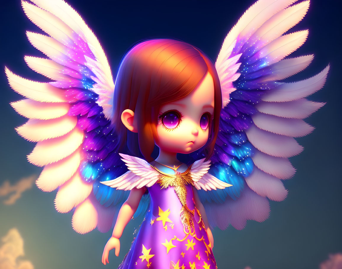 Colorful Wide-Eyed Angelic Doll with Iridescent Wings in Twilight Sky