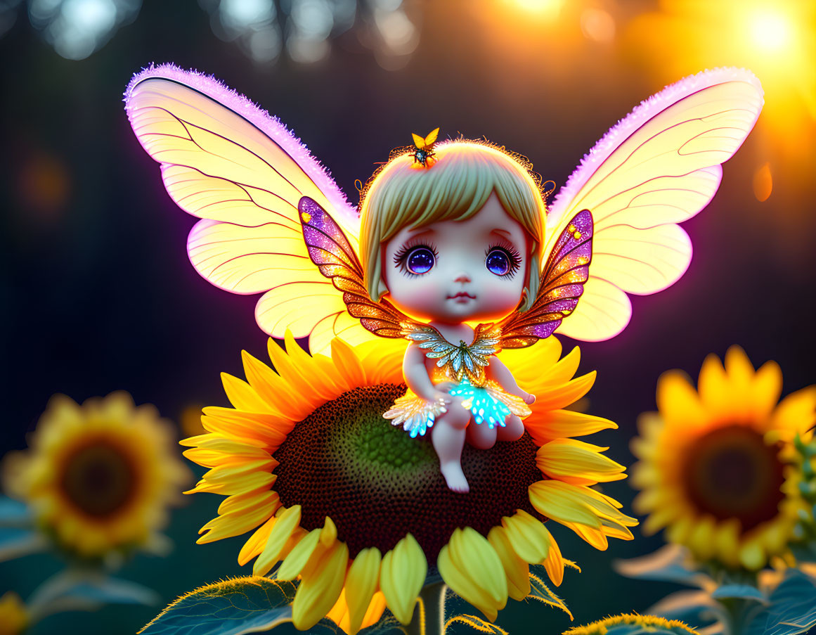 Colorful fairy with wings on sunflower in magical setting