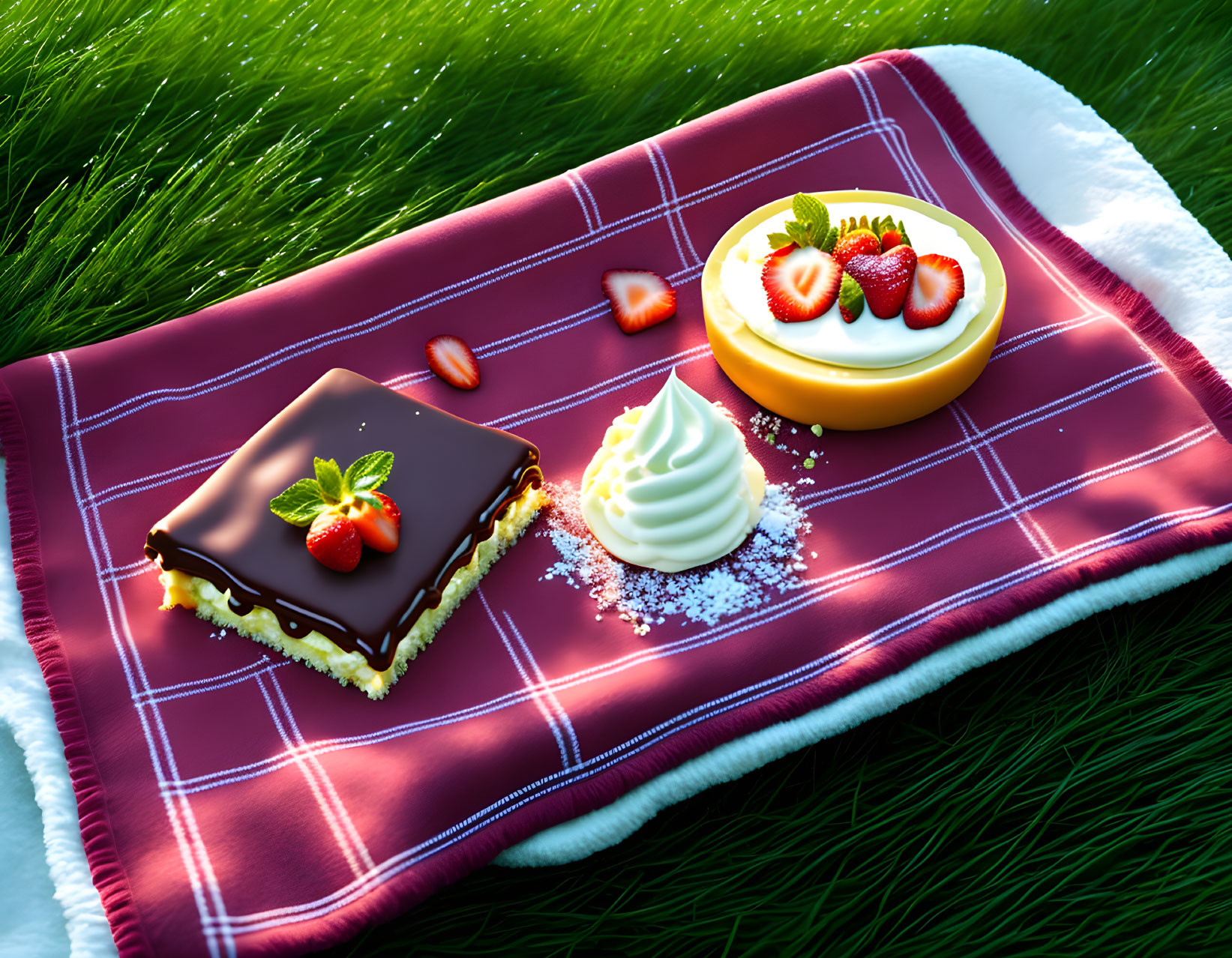 Chocolate-covered dessert, strawberry tart, and cream swirl on picnic blanket.