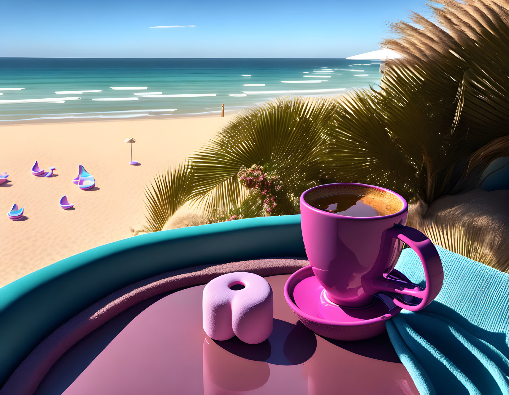 Colorful digital artwork: Pink coffee cup on balcony overlooking beach