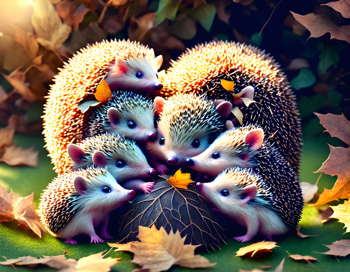 Illustrated hedgehogs in autumn leaves under warm lighting