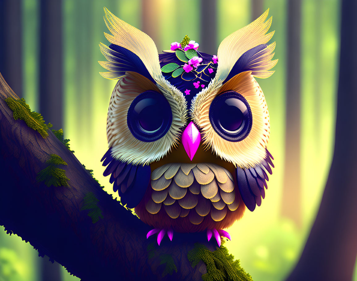 Vibrant owl illustration with large eyes and colorful plumage on branch in whimsical forest