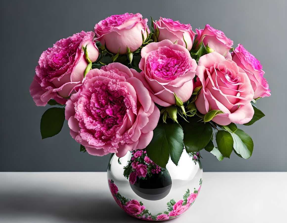 Pink roses and peonies in white vase on grey backdrop