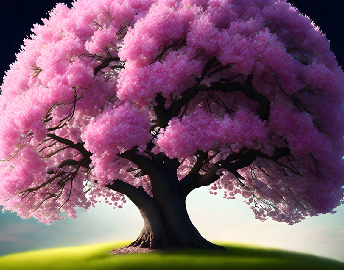 Majestic flourishing tree with vibrant pink blossoms on serene landscape