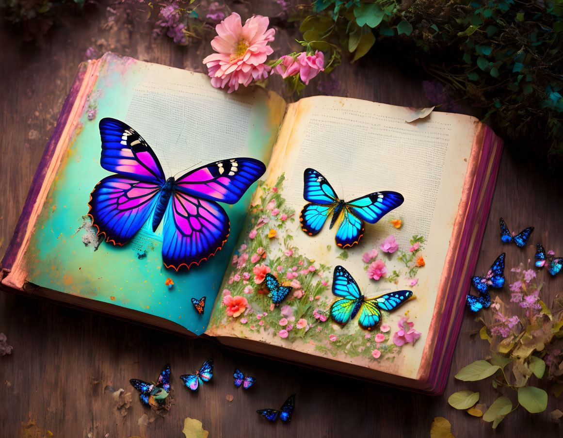 Book with blue and purple butterflies and flowers on pages