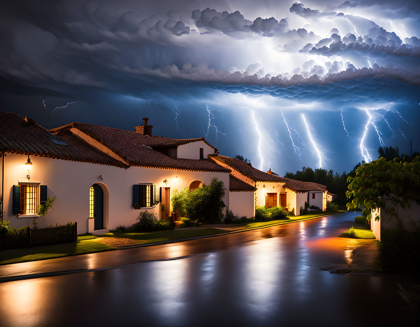 Nighttime street with illuminated houses under dramatic sky with lightning strikes