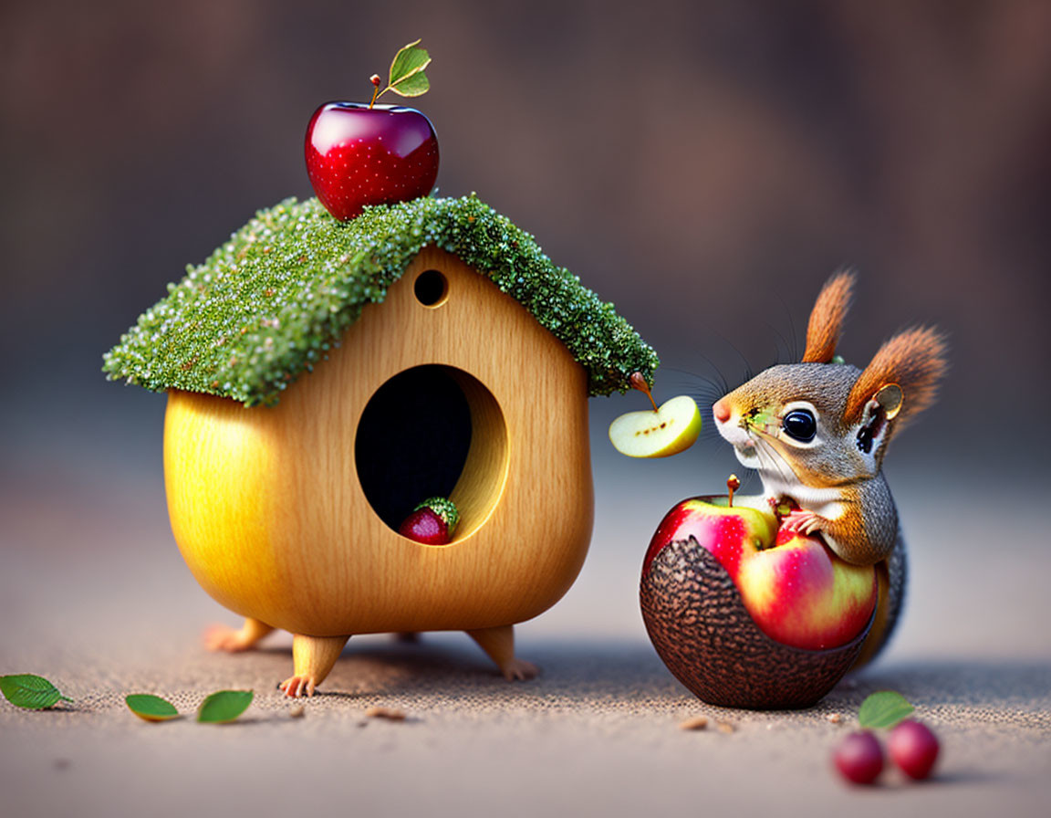 Squirrel eating apple near whimsical apple-shaped house