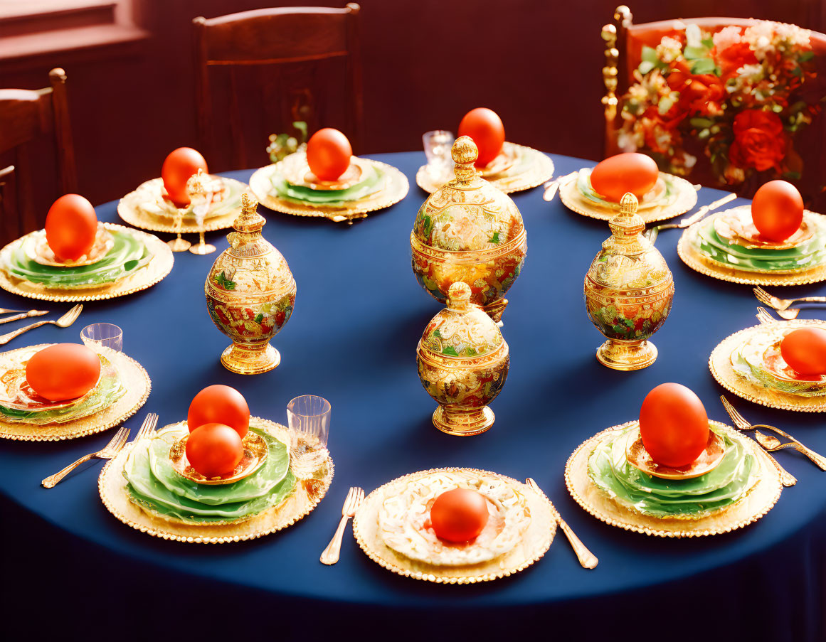 Luxurious Dining Table Set with Golden Eggs, Green Plates, Gold Chargers, Wine Glasses, and Orange