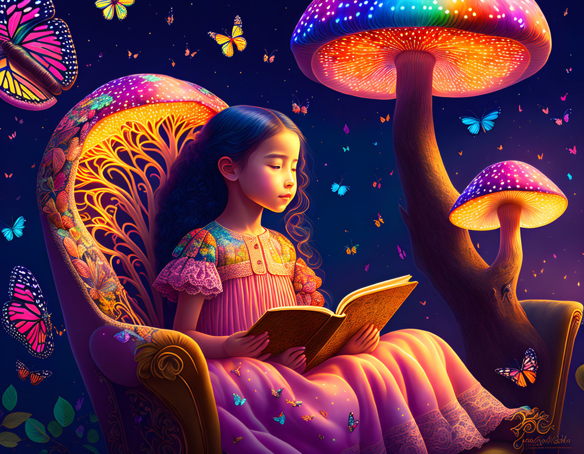 Girl reading book on ornate chair surrounded by glowing mushrooms and butterflies in magical night scene