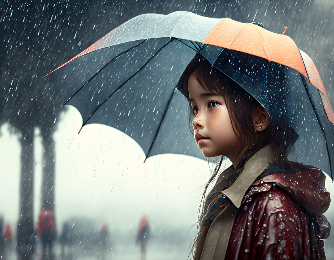 Child with Striped Umbrella in Rainy Scene