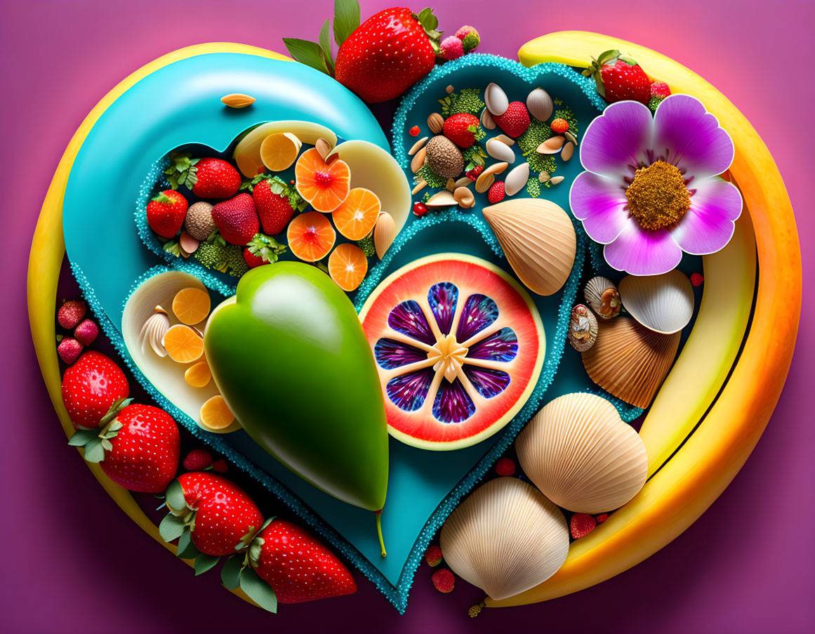 Colorful Heart-Shaped Fruit, Nut, and Flower Arrangement