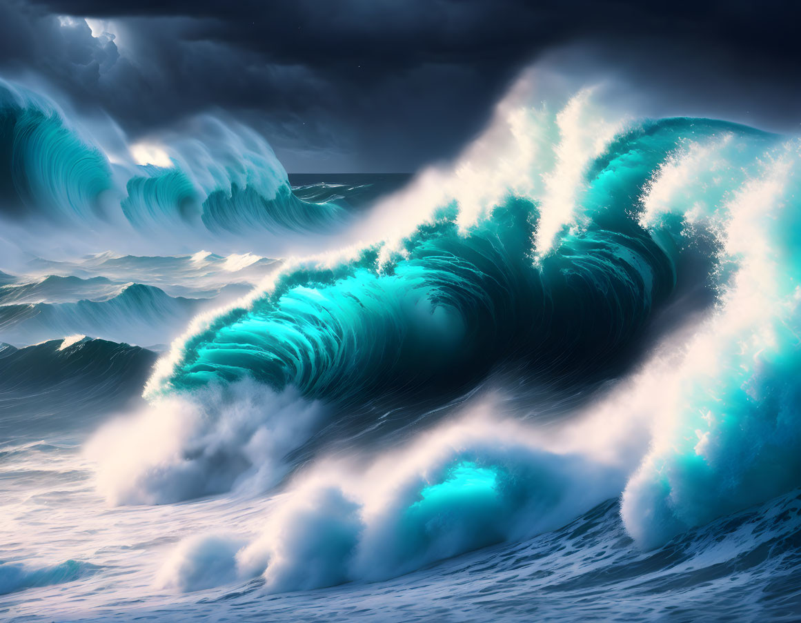 Turquoise Waves Cresting Under Stormy Sky