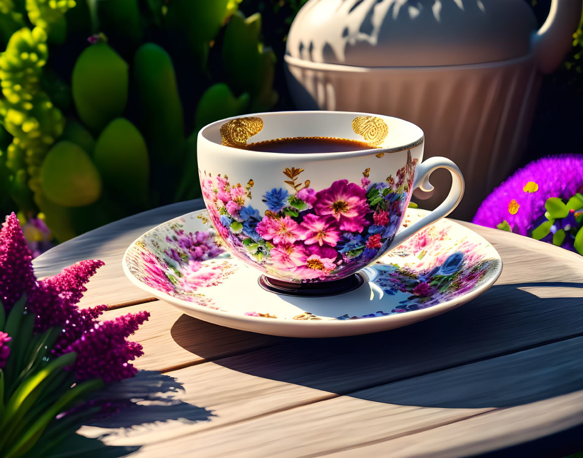 Floral-patterned porcelain teacup with gold trim on saucer, filled with tea on wooden