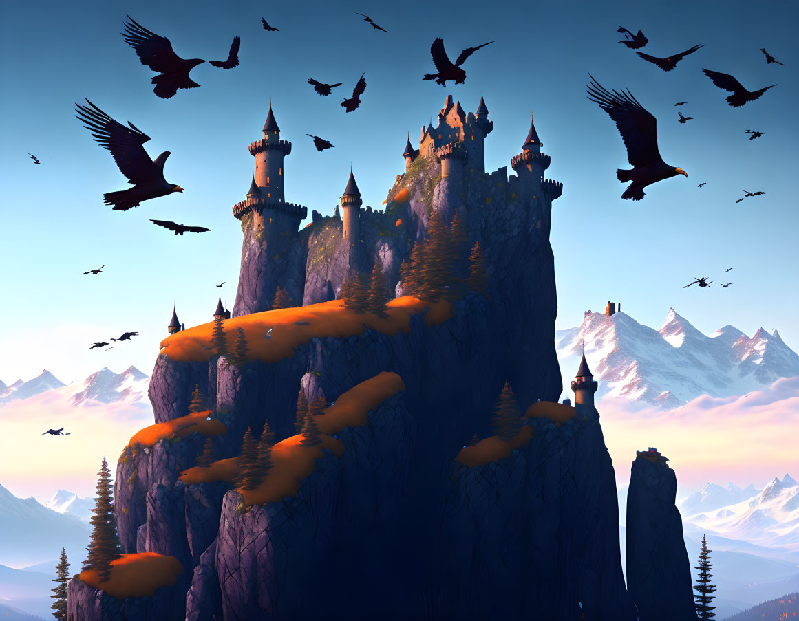 Fantastical castle on cliff with orange foliage and flying birds against snowy mountains at sunset