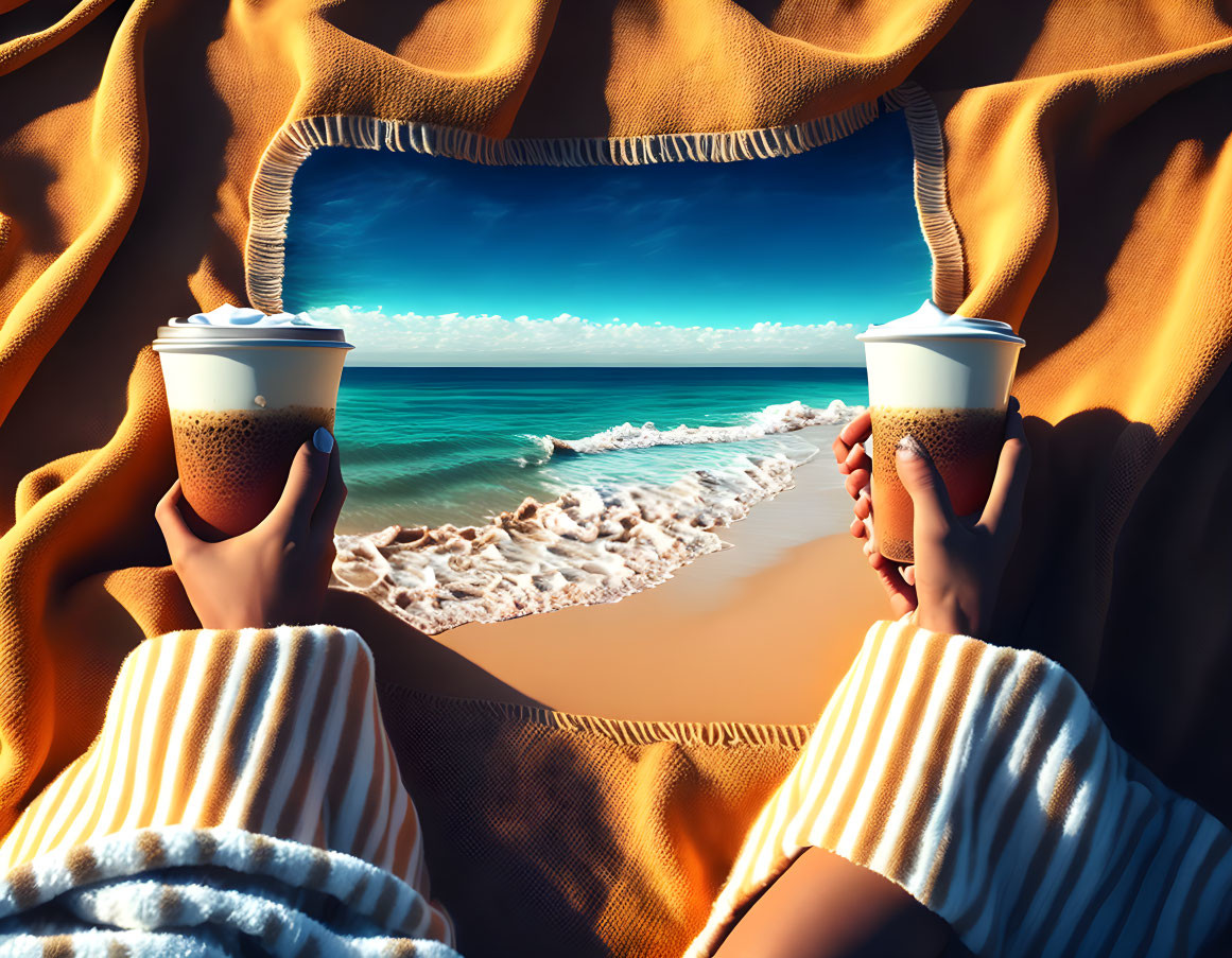 Hands holding coffee cups in beach tent with ocean view